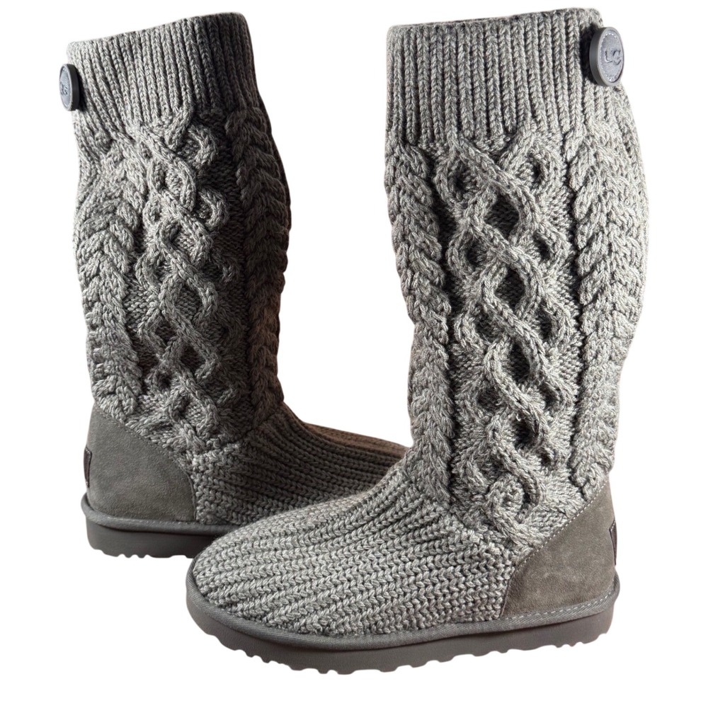 UGG Lattice Cardy Grey Cable Knit Tall Boots 1146010 Womens 8